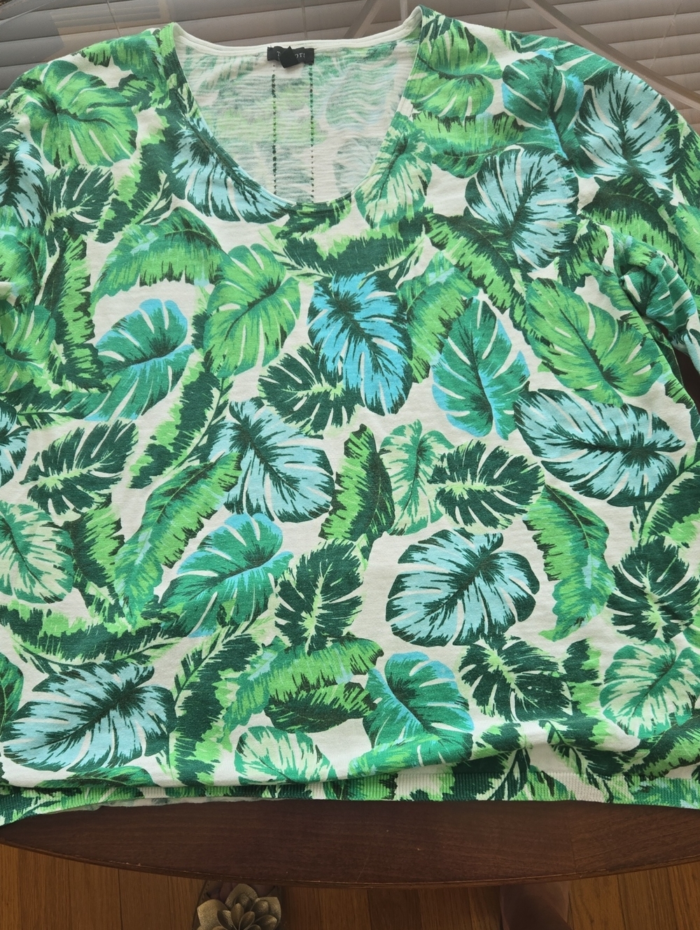 Talbots Green and Teal Tropical Leaf V-Neck Sweater
